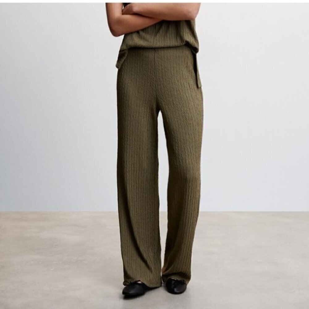Mango NWT Women's Wide Leg Long Palazzo Trousers Olive Elastic Waist Size XL